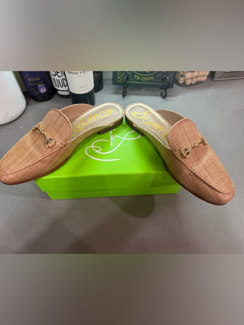 Sam Edelman Beige-Tan Woven Leather Backless Loafers with Gold Bit